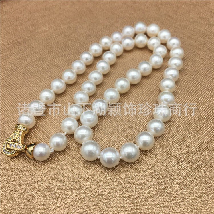 Freshwater pearl necklace 8-9.5 mm mother chain full bead necklace nearly round strong light micro-flaw