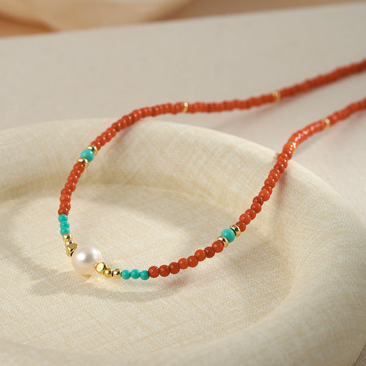 Agate necklace French retro natural pearl chain high-end turquoise beaded