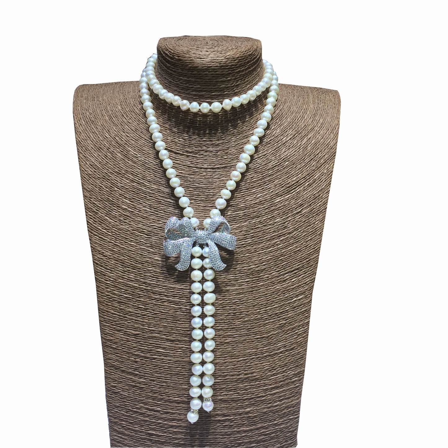 micro-inlaid stone necklace bow freshwater pearl sweater chain long necklace