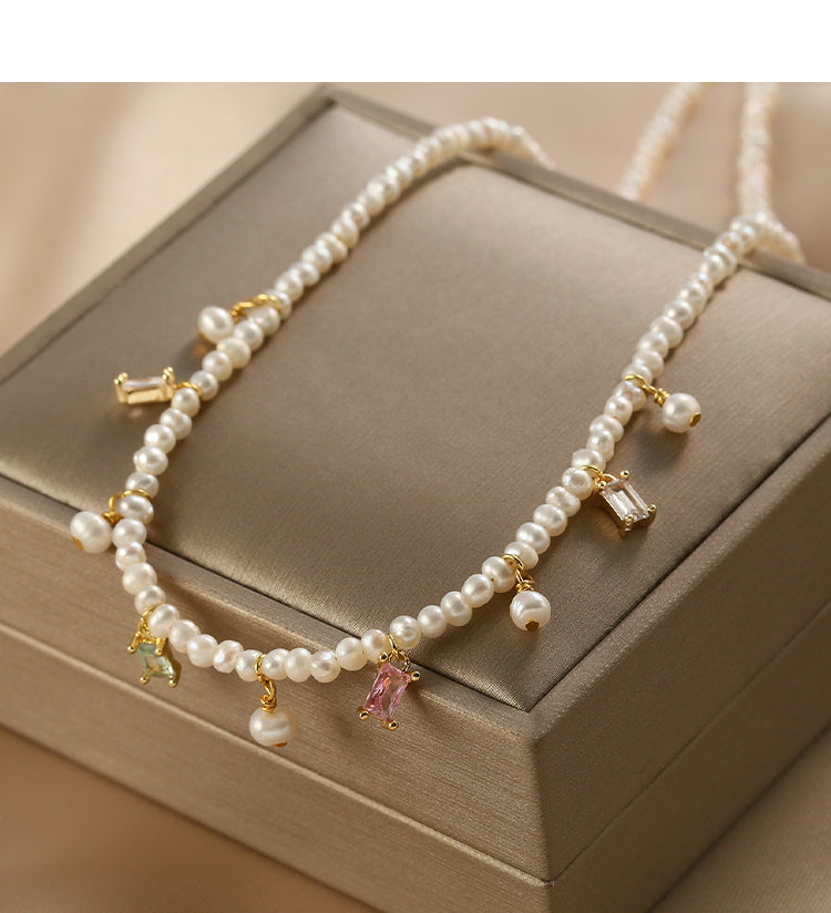 sweet natural pearl necklace small pearl colored crystal chain