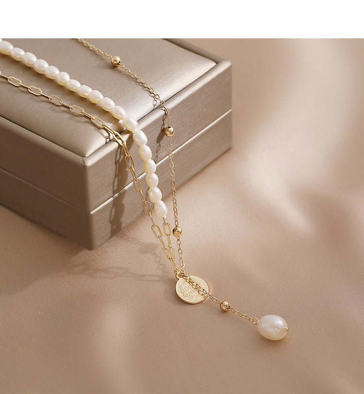 Natural Freshwater Pearl Necklace Double Layer Stacked Chain