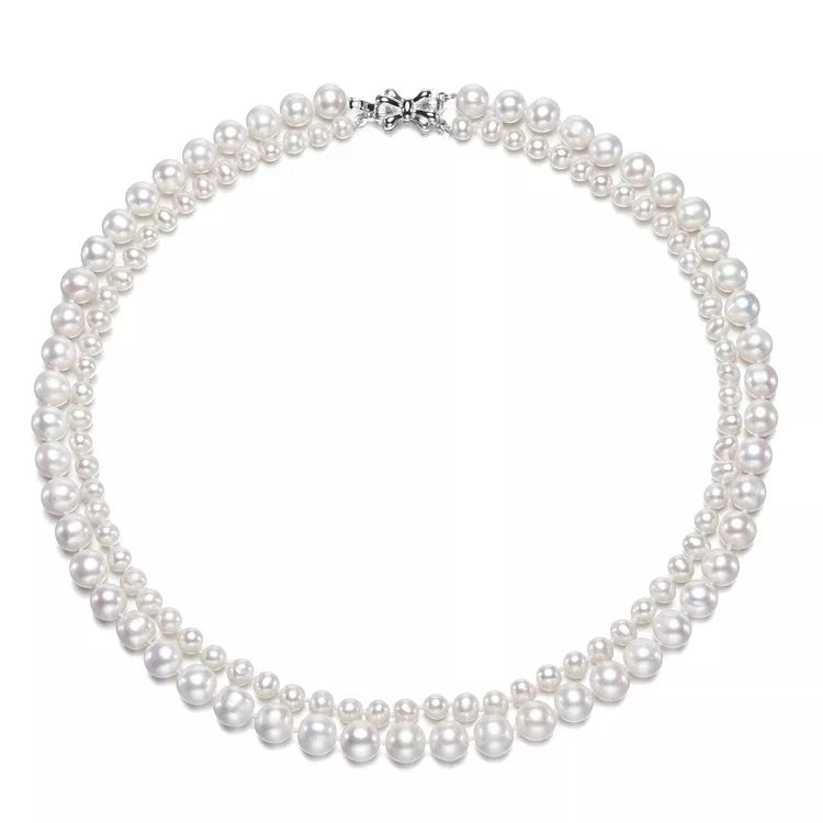 5&8mm off Round AA 925silver 2rows Nice Wedding Heart Fresh Water Pearl Shape Necklace Wholesale