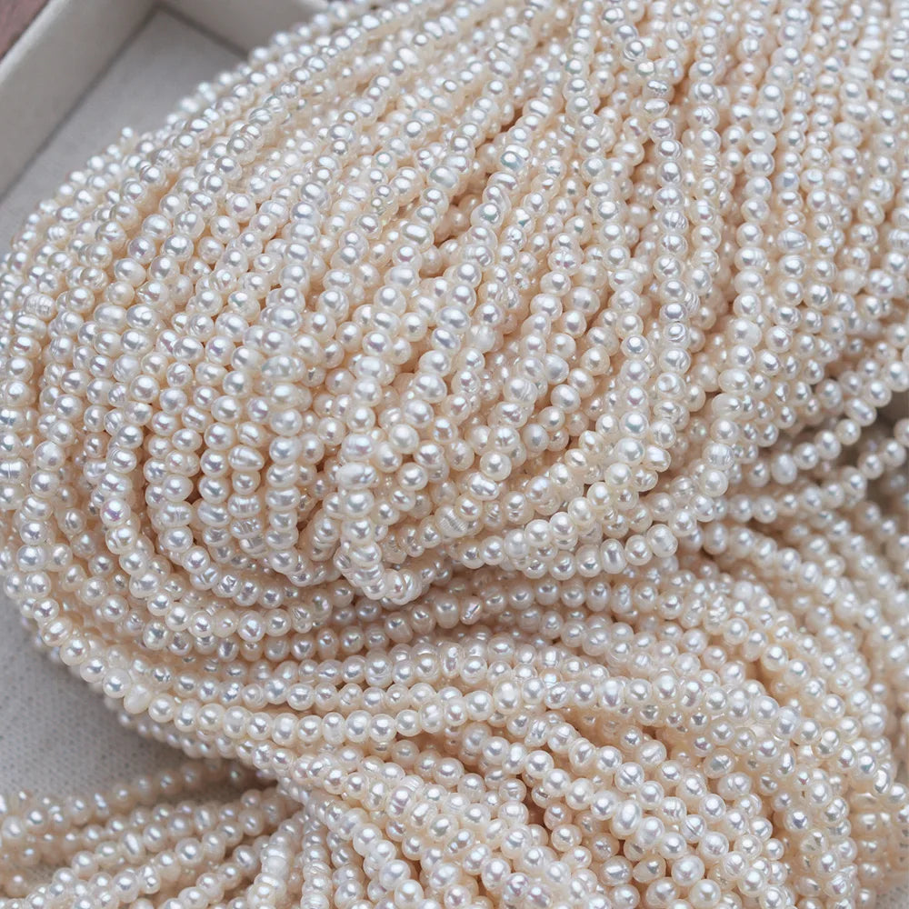 High quality 2-3mm small size rice seed natural freshwater white pearl chain loose bead string wholesale high loose beads
