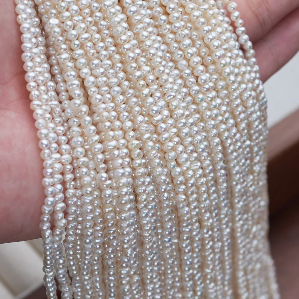 High quality 2-3mm small size rice seed natural freshwater white pearl chain loose bead string wholesale high loose beads