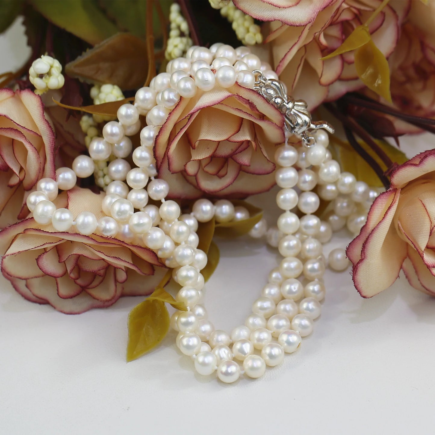 5-6mm AA off Round Double Layer Pearl 16inches &17inches Long Natural Freshwater Cultured Coin Pearl Necklace
