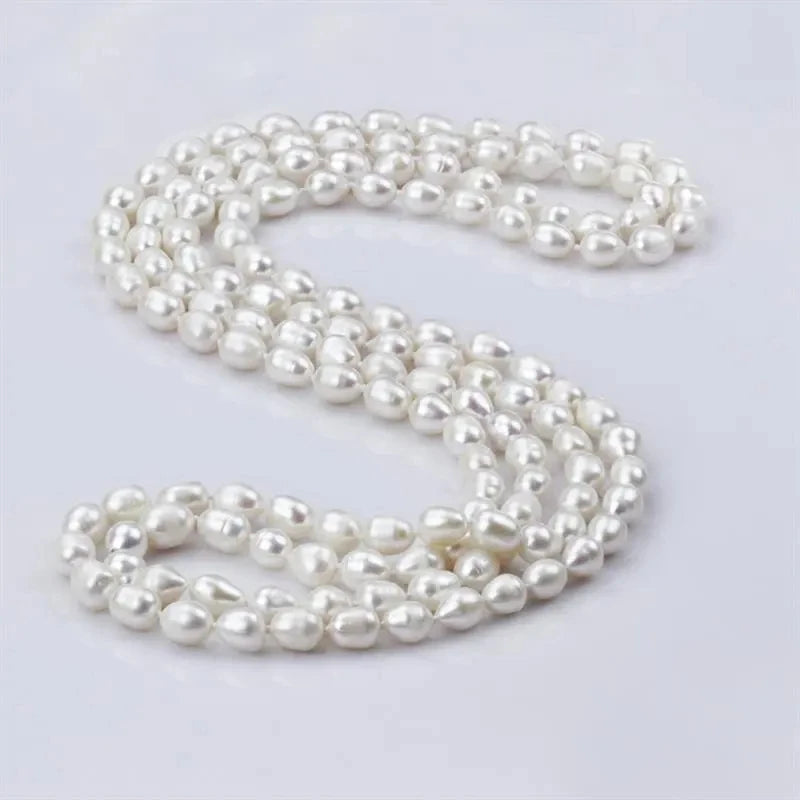 7-8mm Rice Shape Wholesale Natural Real Cultured Fresh Water Long Pearl Necklace Freshwater White Long Pearl Necklace