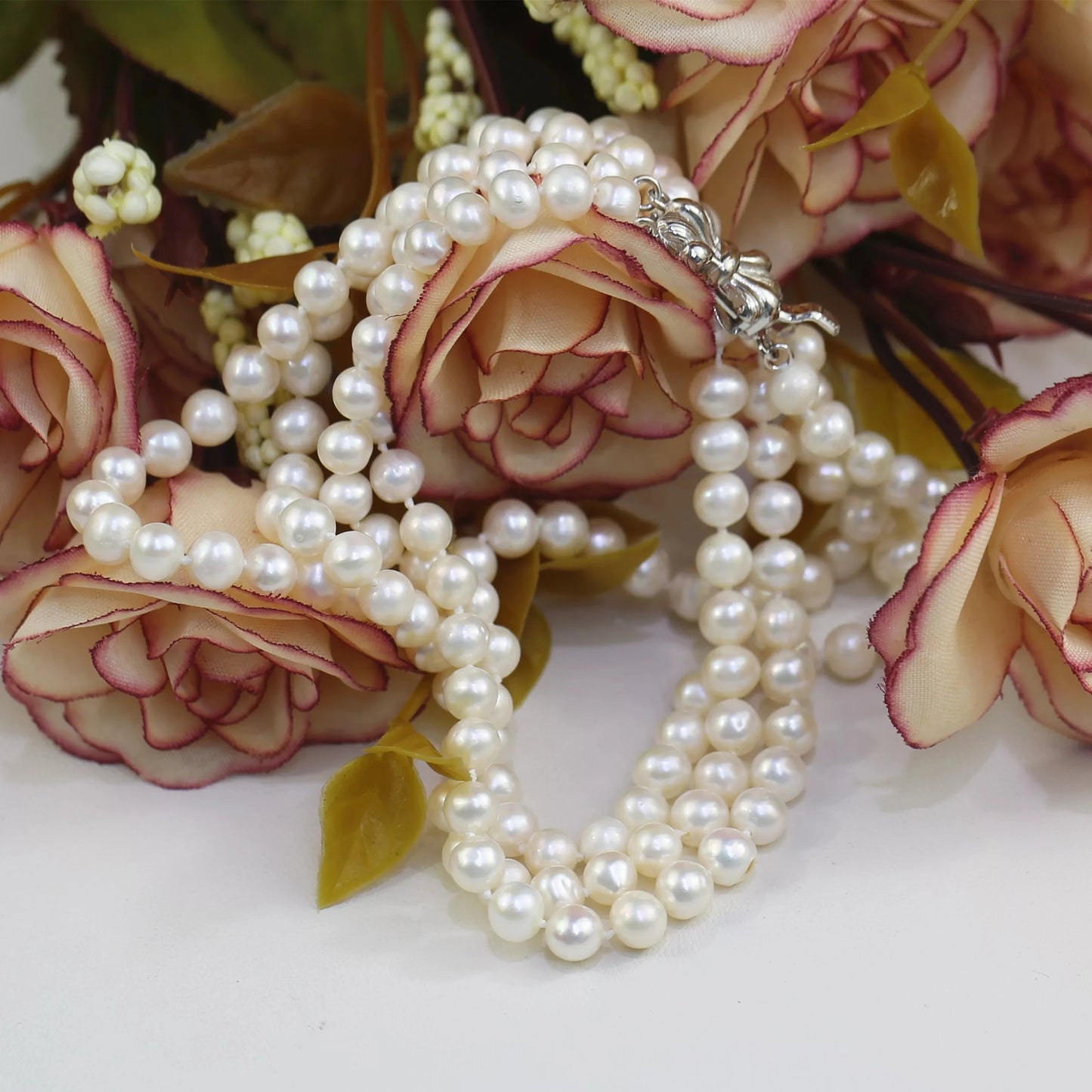 5-6mm AA off Round Double Layer Pearl 16inches &17inches Long Natural Freshwater Cultured Coin Pearl Necklace