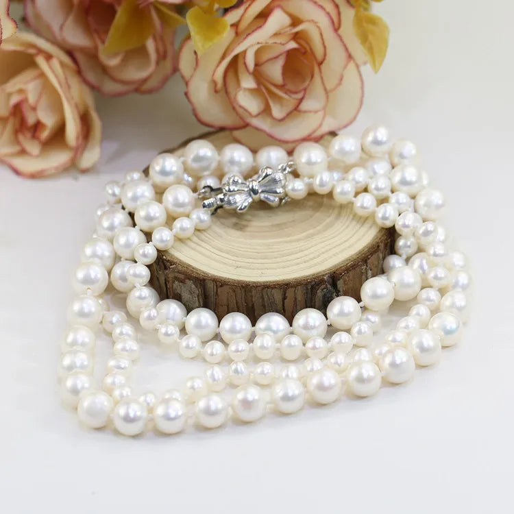 5&8mm off Round AA 925silver 2rows Nice Wedding Heart Fresh Water Pearl Shape Necklace Wholesale