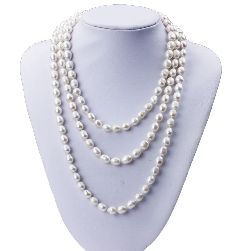 7-8mm Rice Shape Wholesale Natural Real Cultured Fresh Water Long Pearl Necklace Freshwater White Long Pearl Necklace
