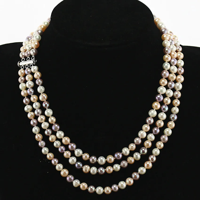 7-8mm AA- off Round 925 Silver Multi Color Freshwater Cultured 3 Strand Multi Layer Pearl Necklace
