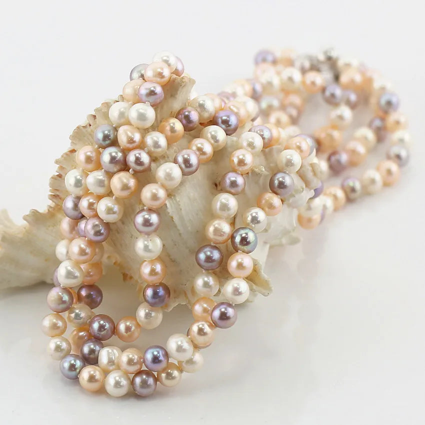 7-8mm AA- off Round 925 Silver Multi Color Freshwater Cultured 3 Strand Multi Layer Pearl Necklace