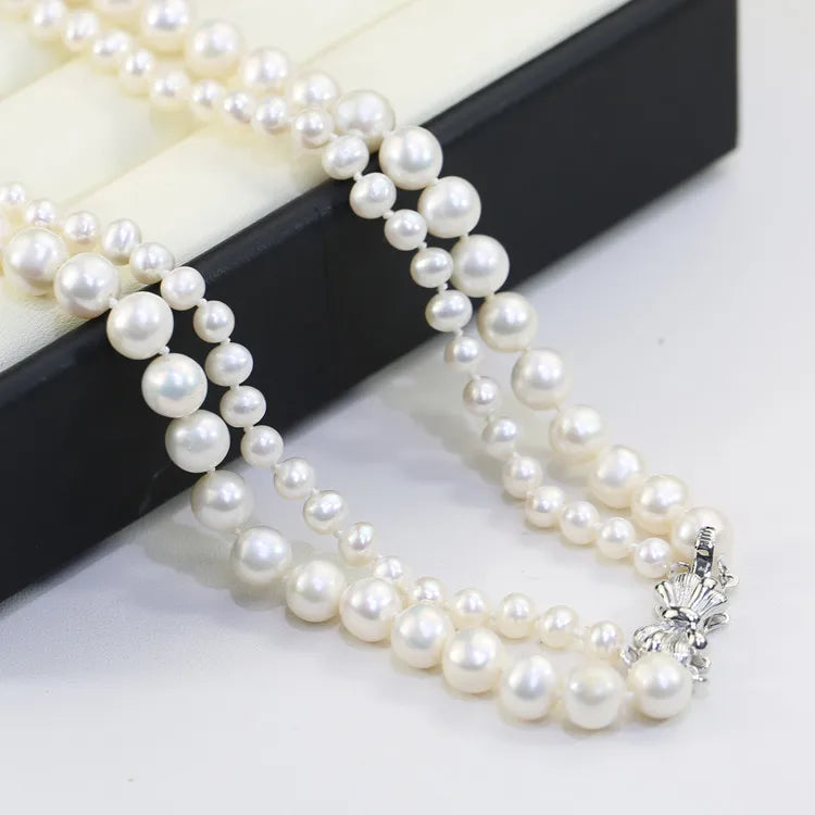 5&8mm off Round AA 925silver 2rows Nice Wedding Heart Fresh Water Pearl Shape Necklace Wholesale