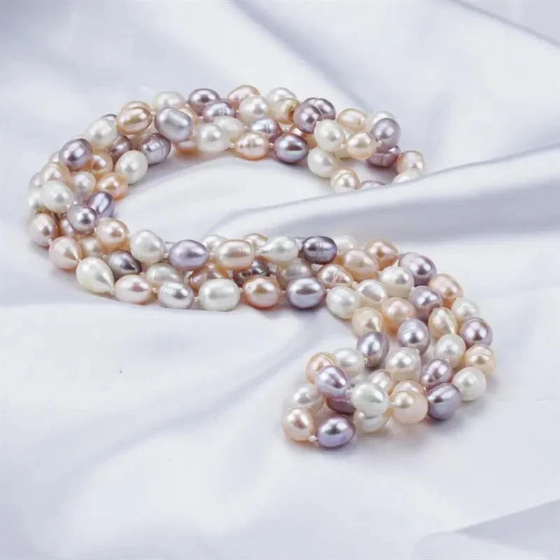 7-8mm Rice Shape Wholesale Natural Real Cultured Fresh Water Long Pearl Necklace Freshwater White Long Pearl Necklace