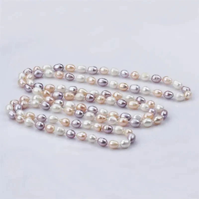 7-8mm Rice Shape Wholesale Natural Real Cultured Fresh Water Long Pearl Necklace Freshwater White Long Pearl Necklace