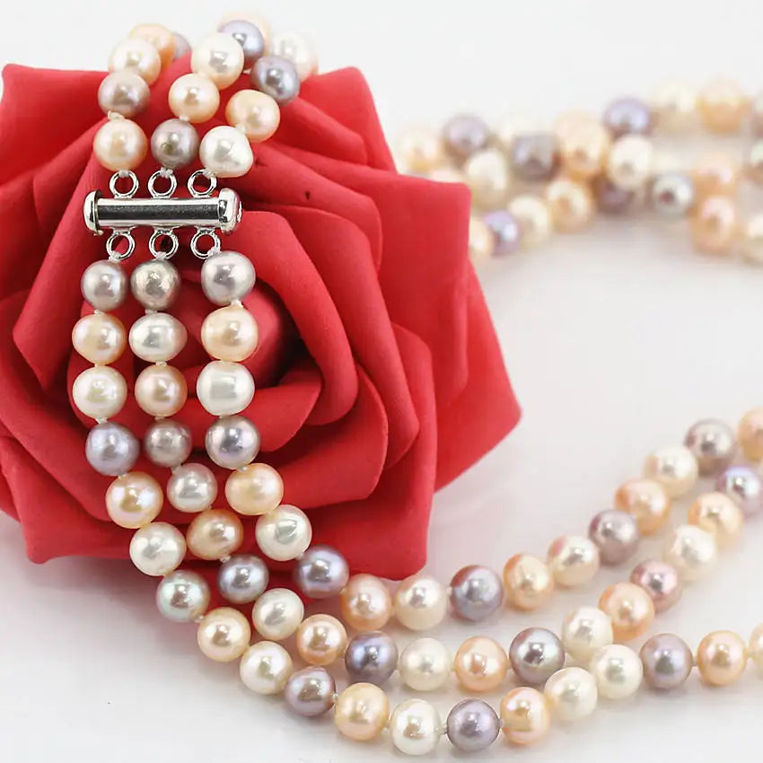 7-8mm AA- off Round 925 Silver Multi Color Freshwater Cultured 3 Strand Multi Layer Pearl Necklace