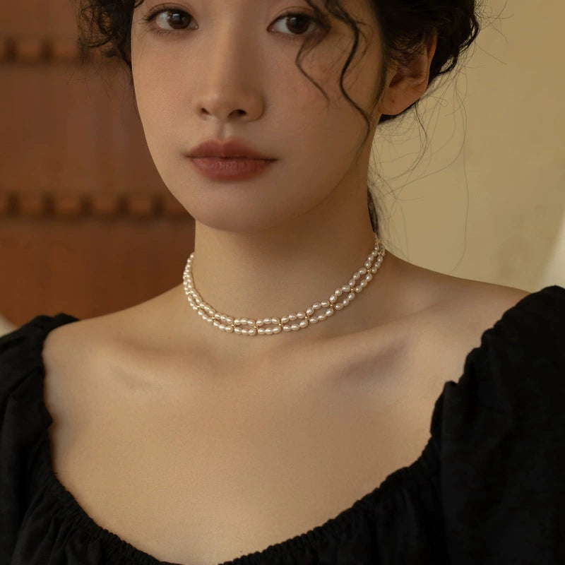 Pearl necklace women's chain woven choker retro premium sense, wedding hollow