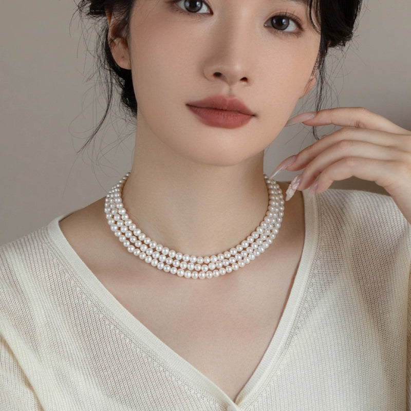 three-layer natural pearl cheongsam necklace multi-layer versatile 925 silver retro