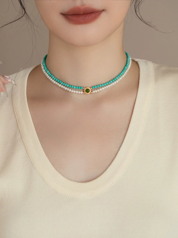 Double Stacked Pearl Necklace 2024 New 925 Silver Artificial Turquoise