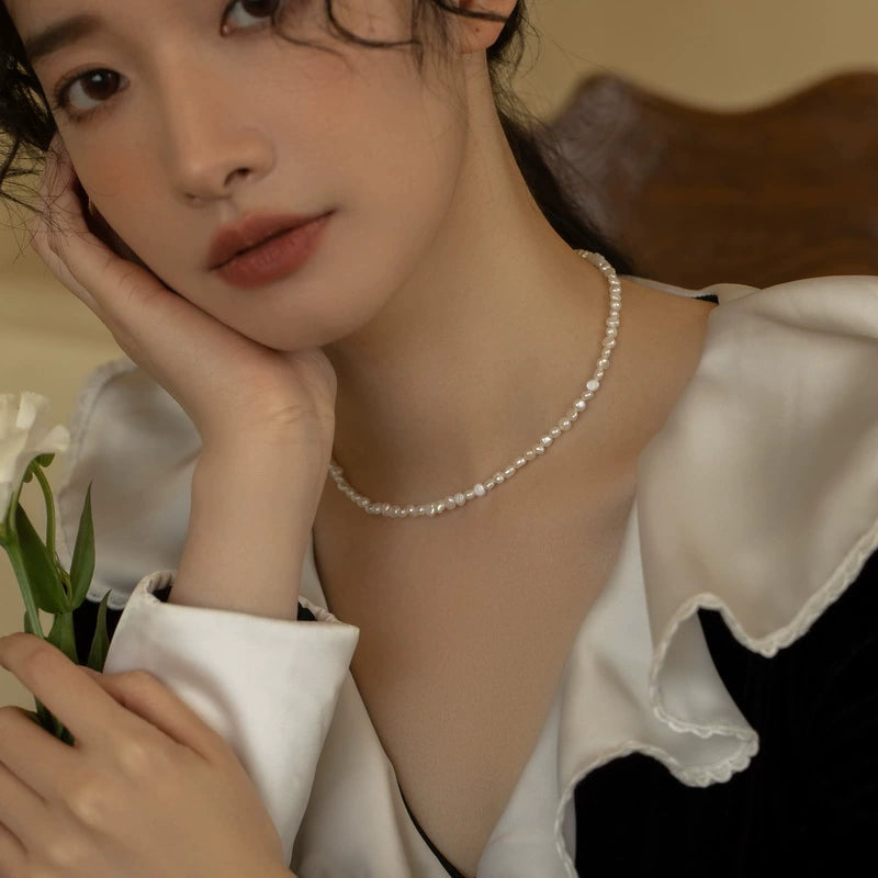 Broken Silver Retro Natural Baroque Small Pearl Necklace Chain Simple Girl Gift