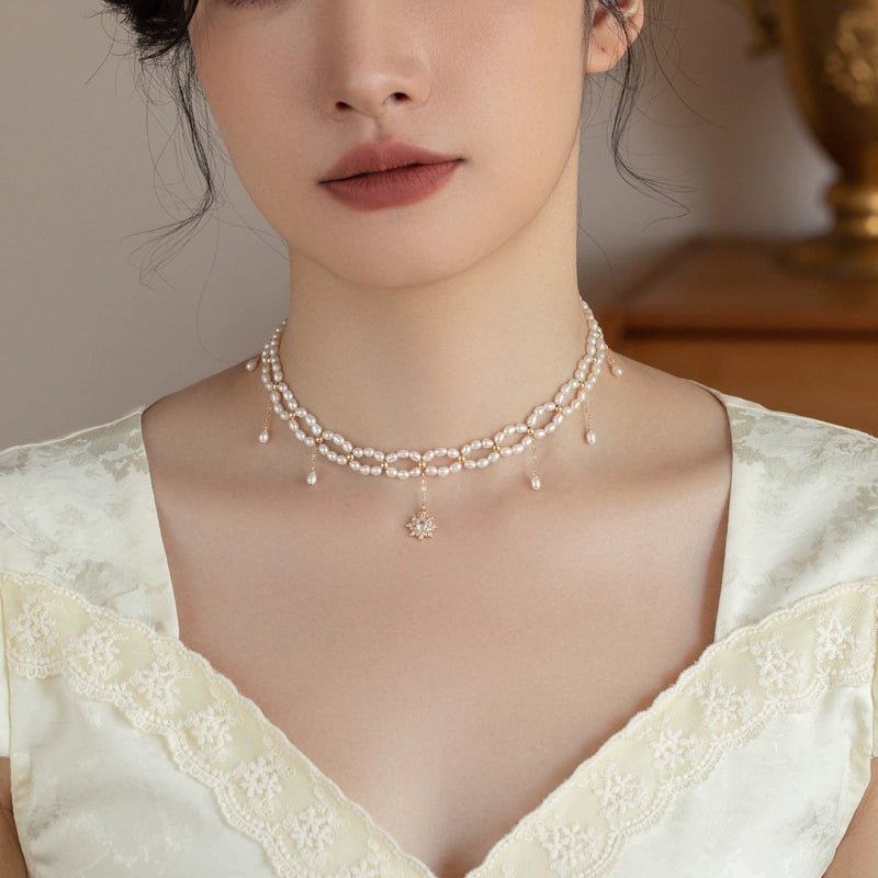 Freshwater Pearl Necklace Girls High Quality Hand-woven Millet Beads Versatile Double-layer Tassel
