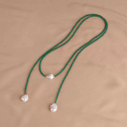 Natural freshwater baroque pearl necklace INS green agate long sweater chain niche design XL140