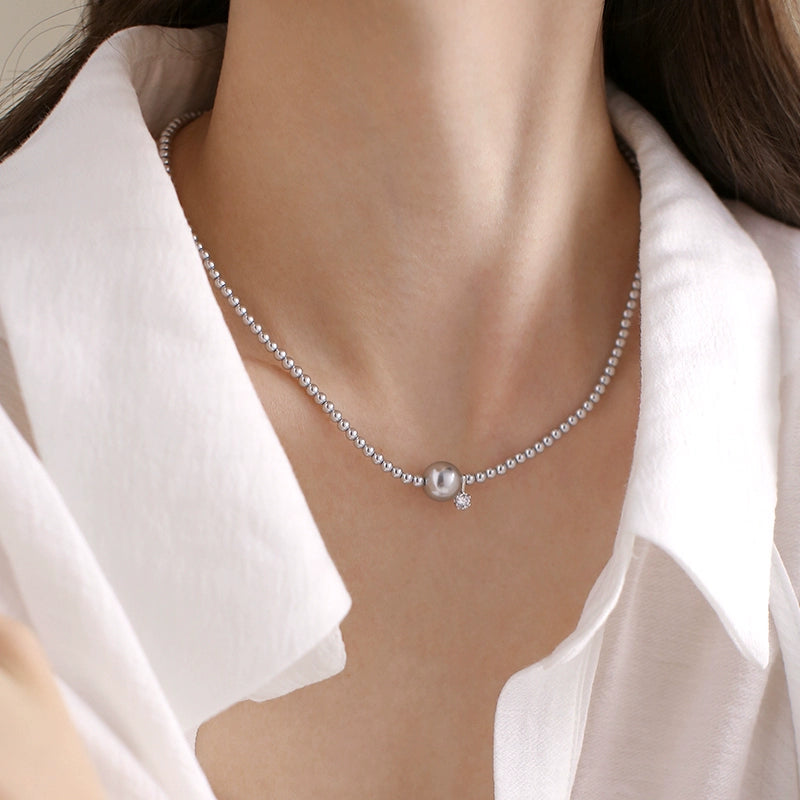Pearl Necklace Ladies Single Pearl Flash Diamond Pendant S925 Sterling Silver