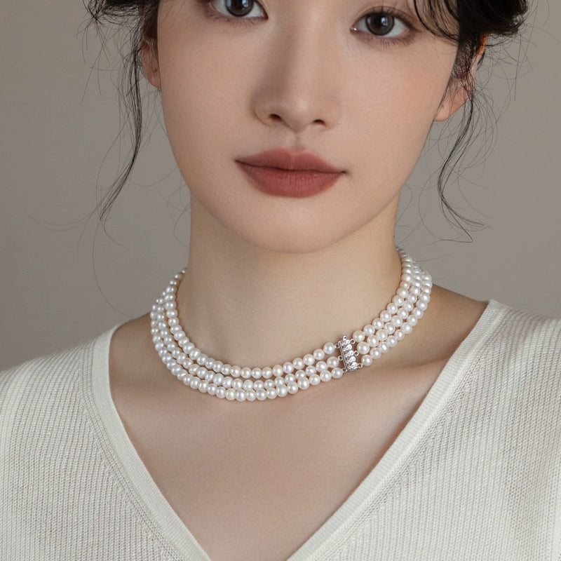three-layer natural pearl cheongsam necklace multi-layer versatile 925 silver retro