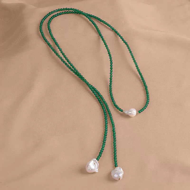 Natural freshwater baroque pearl necklace INS green agate long sweater chain niche design XL140
