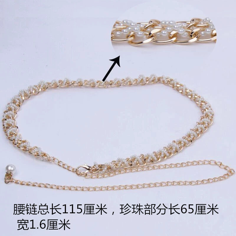 Korean version of fashion sweet little pearl weave women's dress accessories waist chain elegant metal decoration strap summer