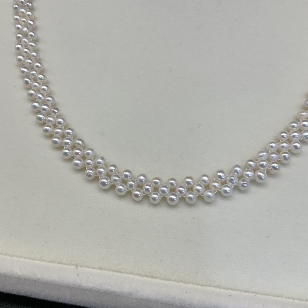 3-4Mm freshwater millet bead braided chain hand-woven three-row positive circle strong light collarbone chain factory direct sales