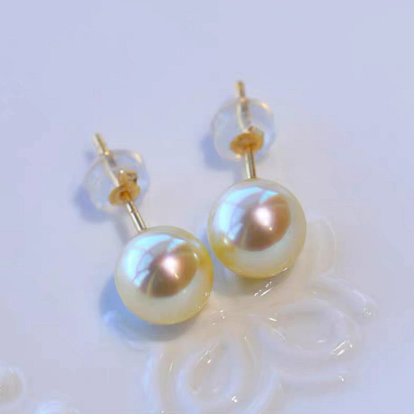 Japanese natural seawater pearls, quality 18K gold queen stud earrings, champagne gold basic earrings Aurora round