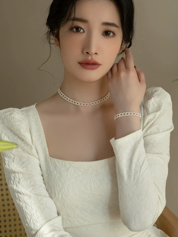 Vintage Handmade Woven Pearl Necklace Choker Multi-layer Chain New Girls Gift