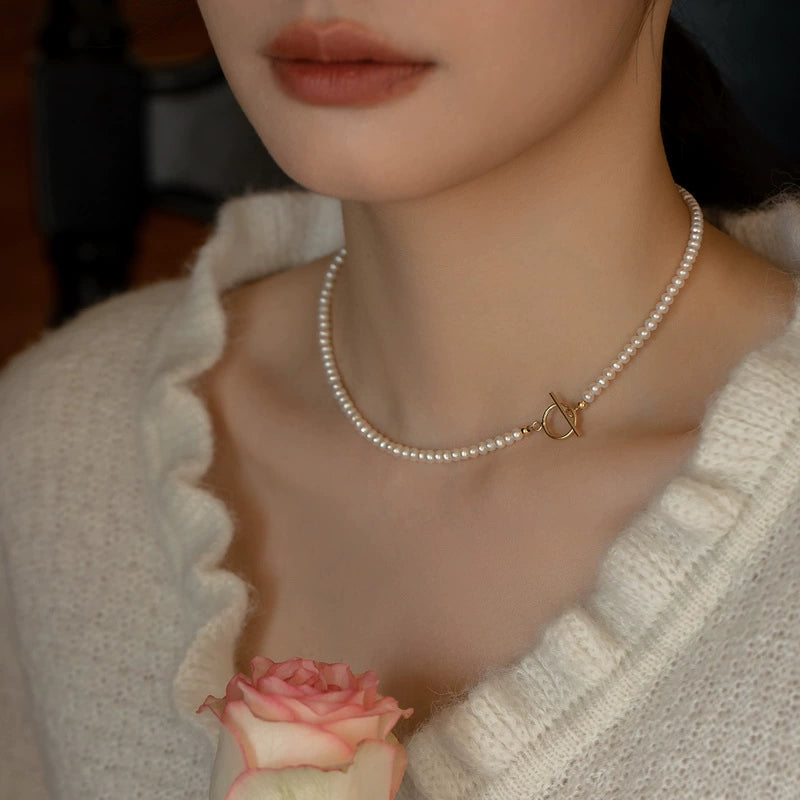Swan neck, three ways to wear natural small pearl necklace chain OT buckle girl gift