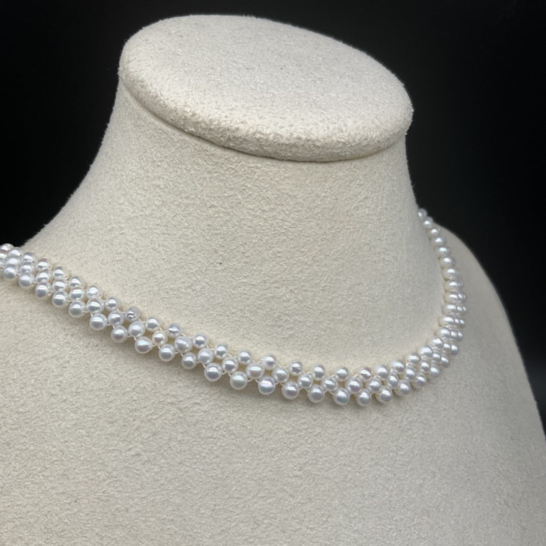 3-4Mm freshwater millet bead braided chain hand-woven three-row positive circle strong light collarbone chain factory direct sales
