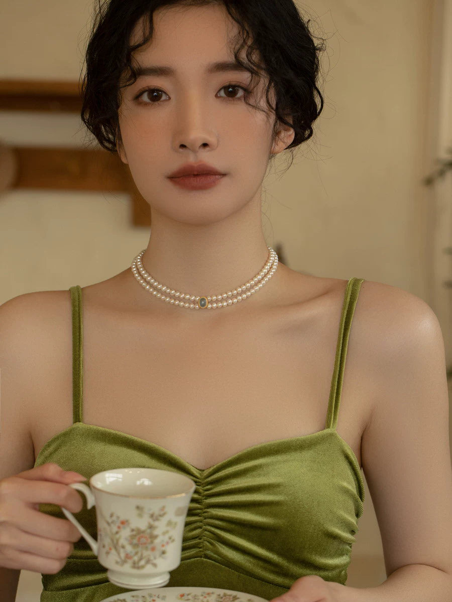 Freshwater Pearl Necklace Double Vintage Design Choker Chain Girl