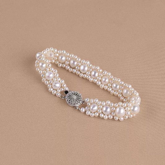 Natural Freshwater Pearl Bracelet Strong Light Wide Version Woven 925 Silver Buckle Jewelry Atmosphere SL023
