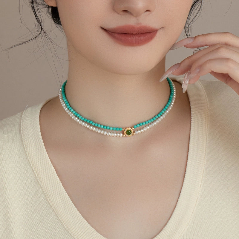 Double Stacked Pearl Necklace 2024 New 925 Silver Artificial Turquoise