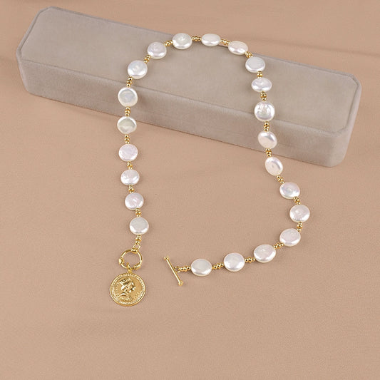 Natural Baroque Pearl Necklace Round Brand Coin Short Pendant European and American Sweater Chain Women's XL003