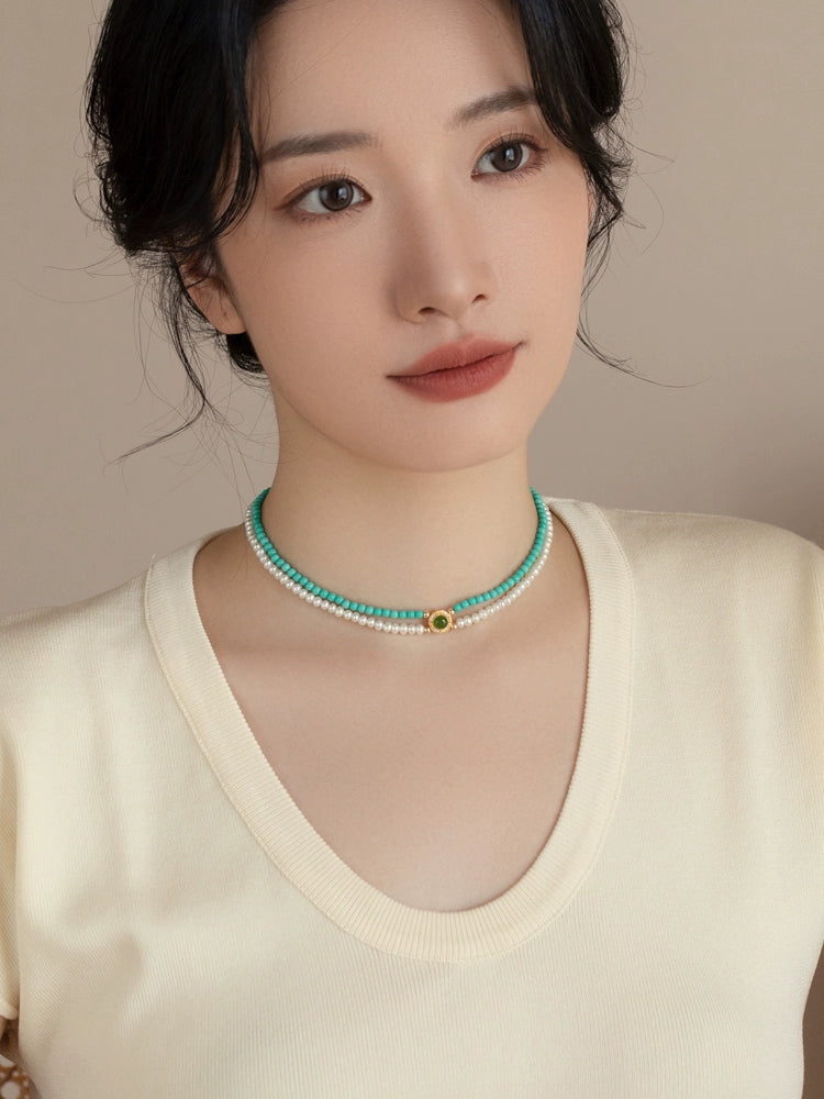 Double Stacked Pearl Necklace 2024 New 925 Silver Artificial Turquoise
