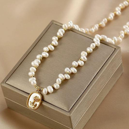 Rose Mirror Geometric Pendant Gypsy Natural Pearl Necklace Design Fairy Lady