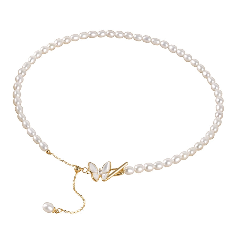 Natural freshwater pearl necklace bow buckle rice beads ins fringed temperament collarbone chain XL062