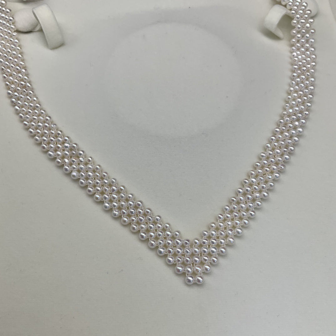 Freshwater pearl 3-4mm multi-layer collarbone pearl chain necklace handmade woven chain factory direct sales simple and advanced