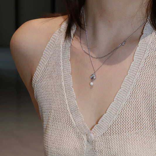 S925 Sterling Silver Shell Pearl Double Necklace Ladies Exquisite Silver Jewelry