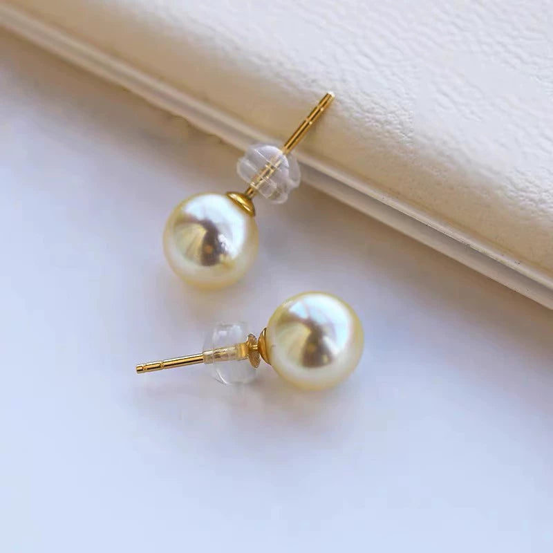 Japanese natural seawater pearls, quality 18K gold queen stud earrings, champagne gold basic earrings Aurora round