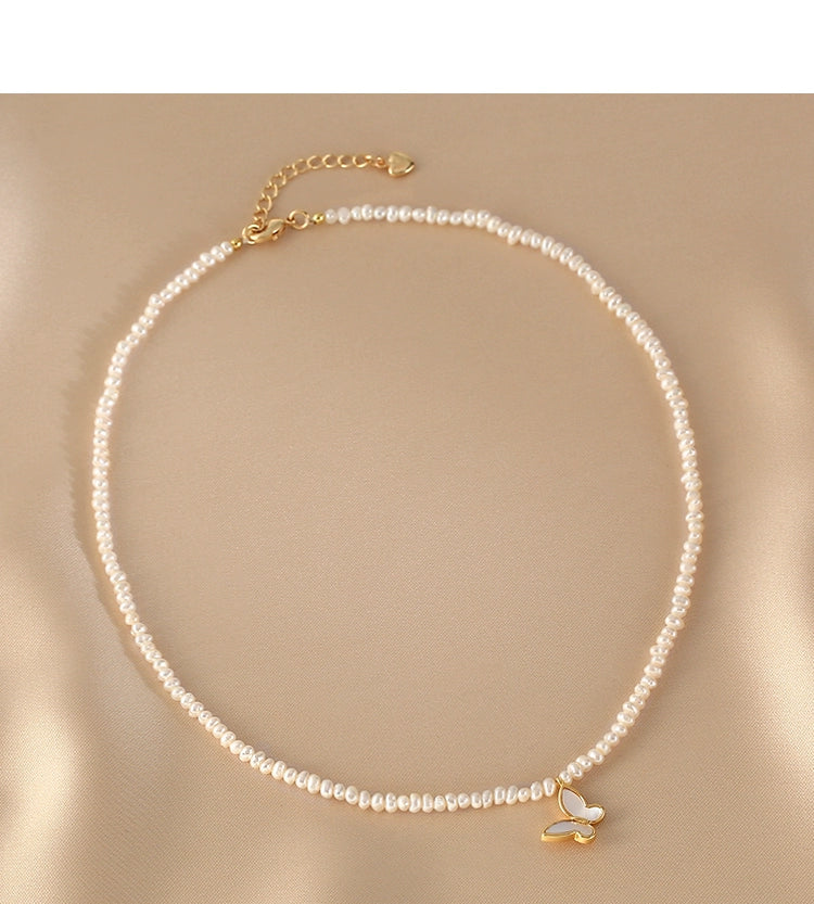 Millet bead necklace women's natural freshwater small rice grain pearl neck chain temperament advanced butterfly collarbone chain