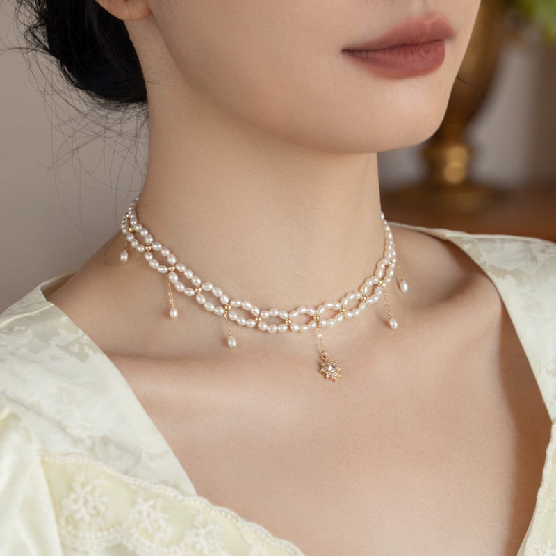 Freshwater Pearl Necklace Girls High Quality Hand-woven Millet Beads Versatile Double-layer Tassel