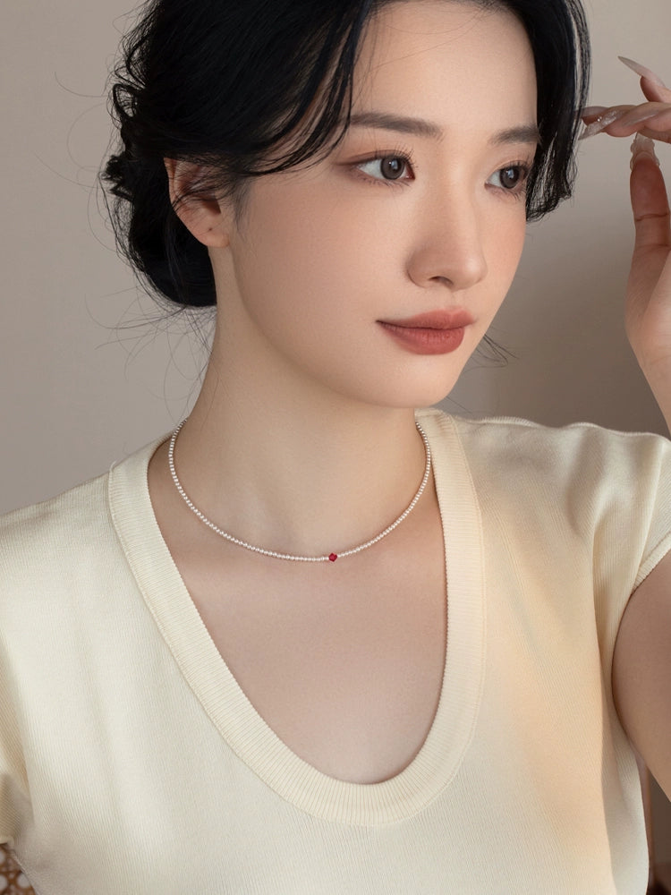 Pearl Necklace Burgundy Crystal Small and Extremely Fine Chain Women's Simple and Versatile Design