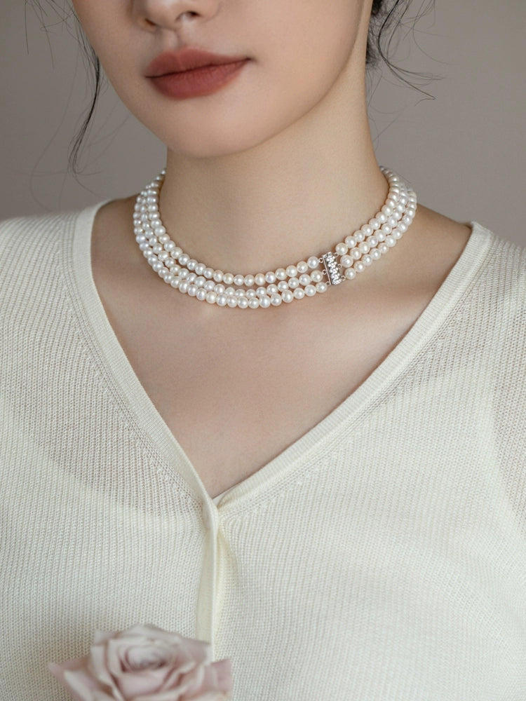 three-layer natural pearl cheongsam necklace multi-layer versatile 925 silver retro