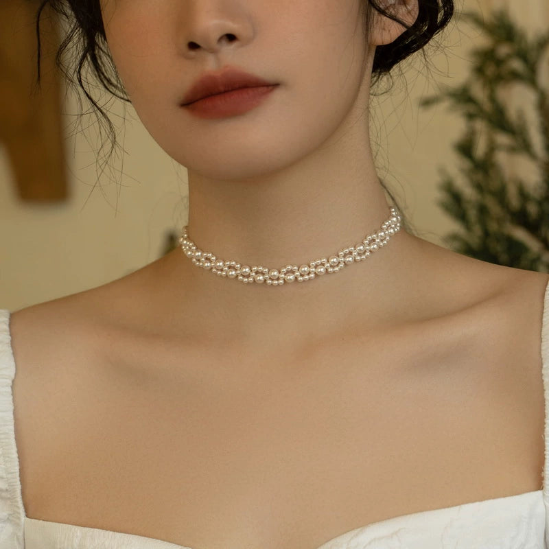 Handwoven Pearl Necklace Chain Choker Girls