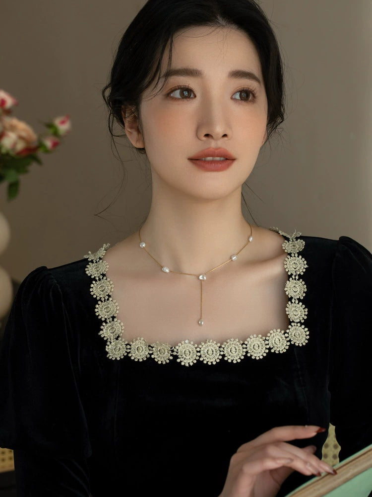 Pearl Necklace Vintage Y-Shaped Chain Handmade Baroque Shredded Silver Pearl Necklace
